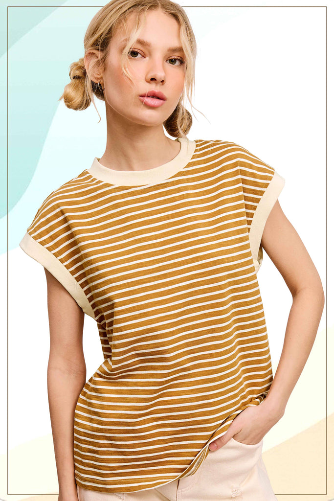 La Miel - JDT7710-Nautical Cap Sleeve Striped Top: Goji Berry / S