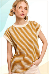 La Miel - JDT7710-Nautical Cap Sleeve Striped Top: Goji Berry / S