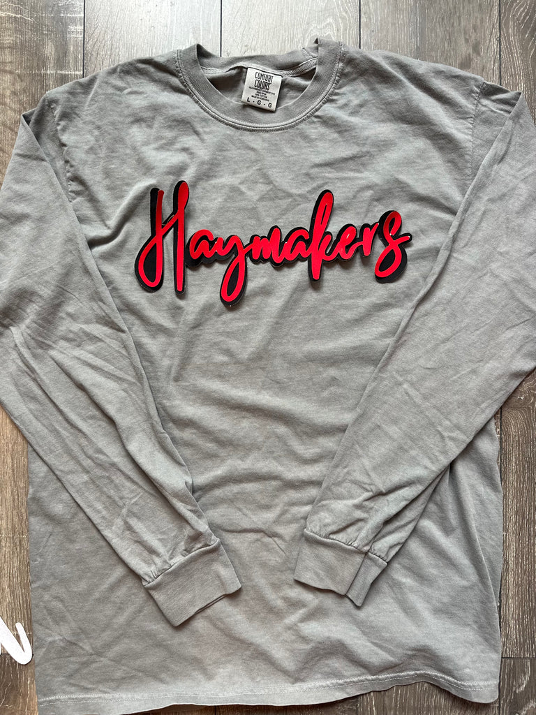 CURSIVE RED/BLACK HAYMAKERS - LIGHT GREY COMFORT COLORS LONG SLEEVE TEE