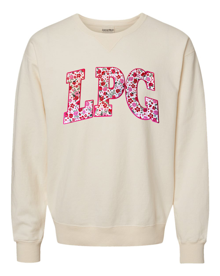 LPG - (PINK/RED ROSES FLORAL / HOT PINK) - IVORY COMFORTWASH CREWNECK