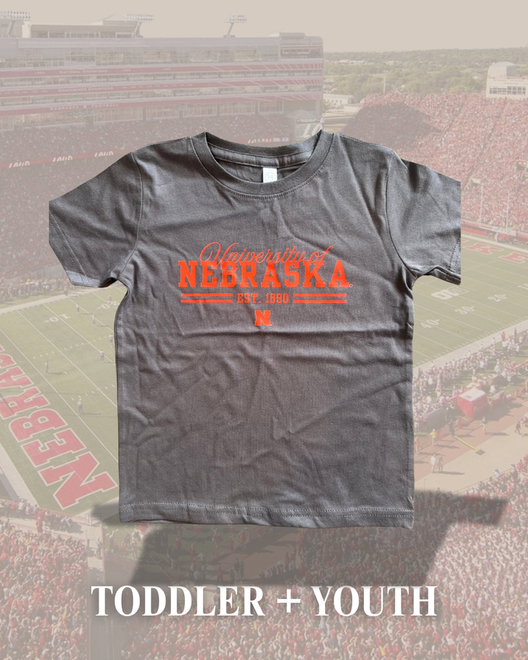 UNIVERSITY OF NEBRASKA TRANSFER DESIGN - CHARCOAL GREY TEE (TODDLER + YOUTH)