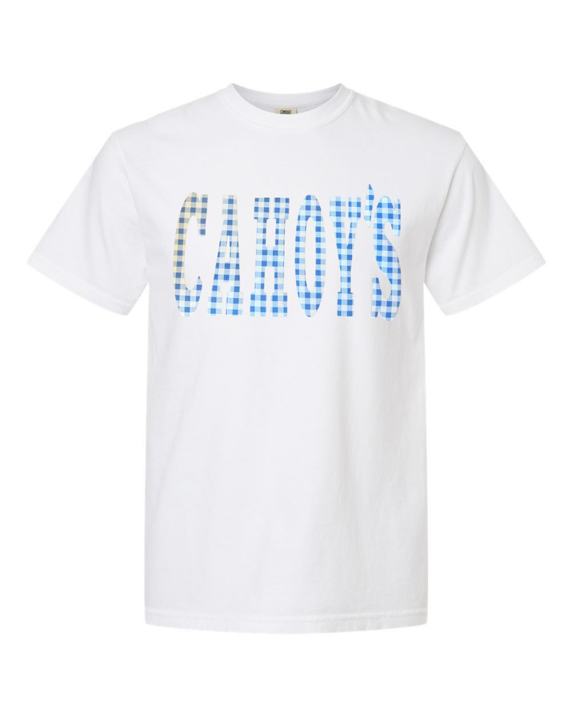 BLUE GINGHAM CAHOY'S - WHITE TEE (YOUTH + ADULT)