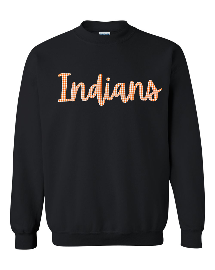 CURSIVE ORANGE/WHITE GINGHAM INDIANS - BLACK GILDAN CREW - YOUTH + ADULT