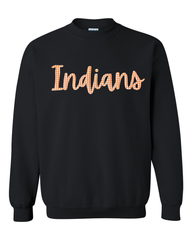 CURSIVE ORANGE/WHITE GINGHAM INDIANS - BLACK GILDAN CREW - YOUTH + ADULT