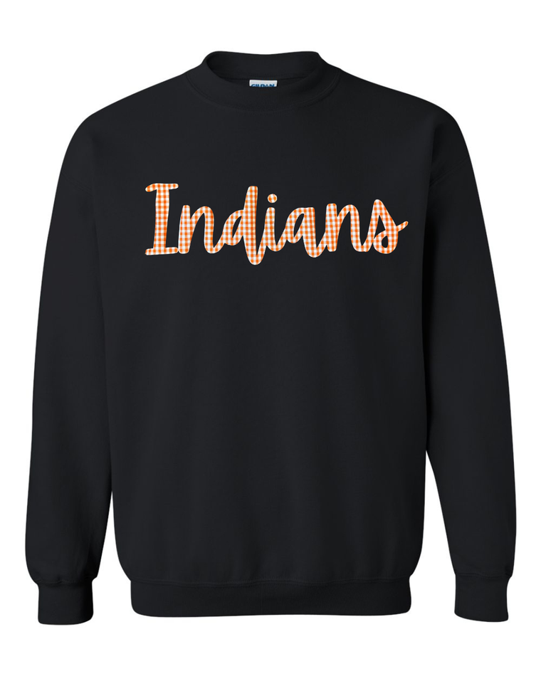 CURSIVE ORANGE/WHITE GINGHAM INDIANS - BLACK GILDAN CREW - YOUTH + ADULT