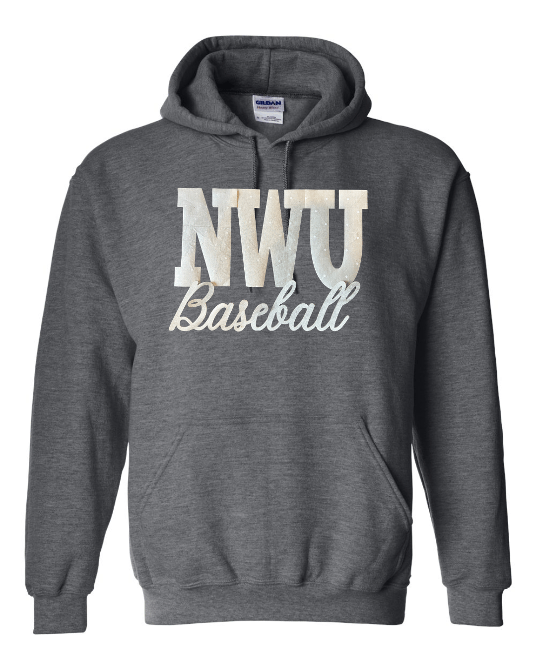 NWU BASEBALL (BEIGE POLKA DOT + GOLD METALLIC) - DARK HEATHER GILDAN HOODIE