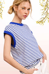 La Miel - JDT7710-Nautical Cap Sleeve Striped Top: Goji Berry / S