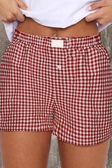 Lovesoft - Red Plaid Gingham Printed High Waist Shorts: Red Stripe / 100%Polyester / L