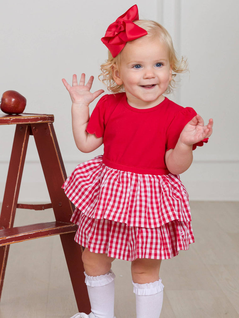 RuffleButts + RuggedButts - Baby Girls Classic Red Gingham Short Sleeve Skirted Romper: Red / 18-24m