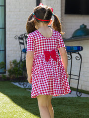 RuffleButts + RuggedButts - Girls Red Gingham Short Sleeve Knit Twirl Dress: Red / 18-24m