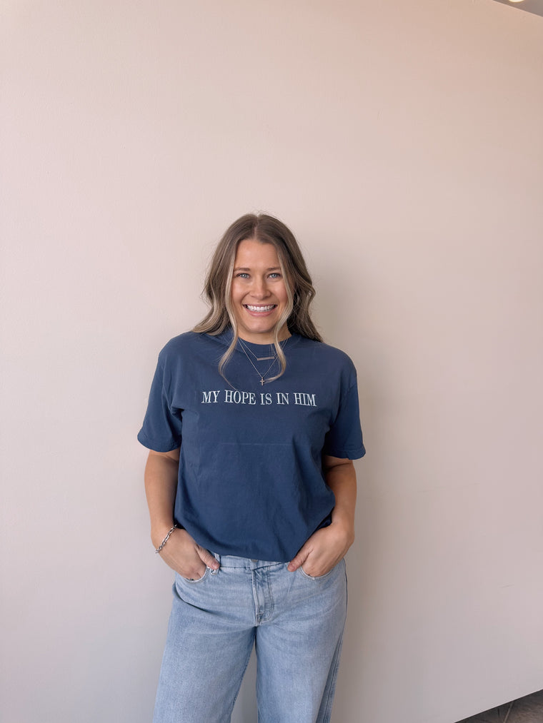 EMBROIDERED MY HOPE IS IN HIM - NAVY COMFORT COLORS TEE