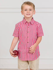 RuffleButts + RuggedButts - Boys Classic Red Gingham Short Sleeve Button Down Shirt: Red / 6-12m
