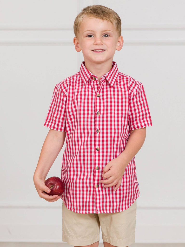 RuffleButts + RuggedButts - Boys Classic Red Gingham Short Sleeve Button Down Shirt: Red / 18-24m