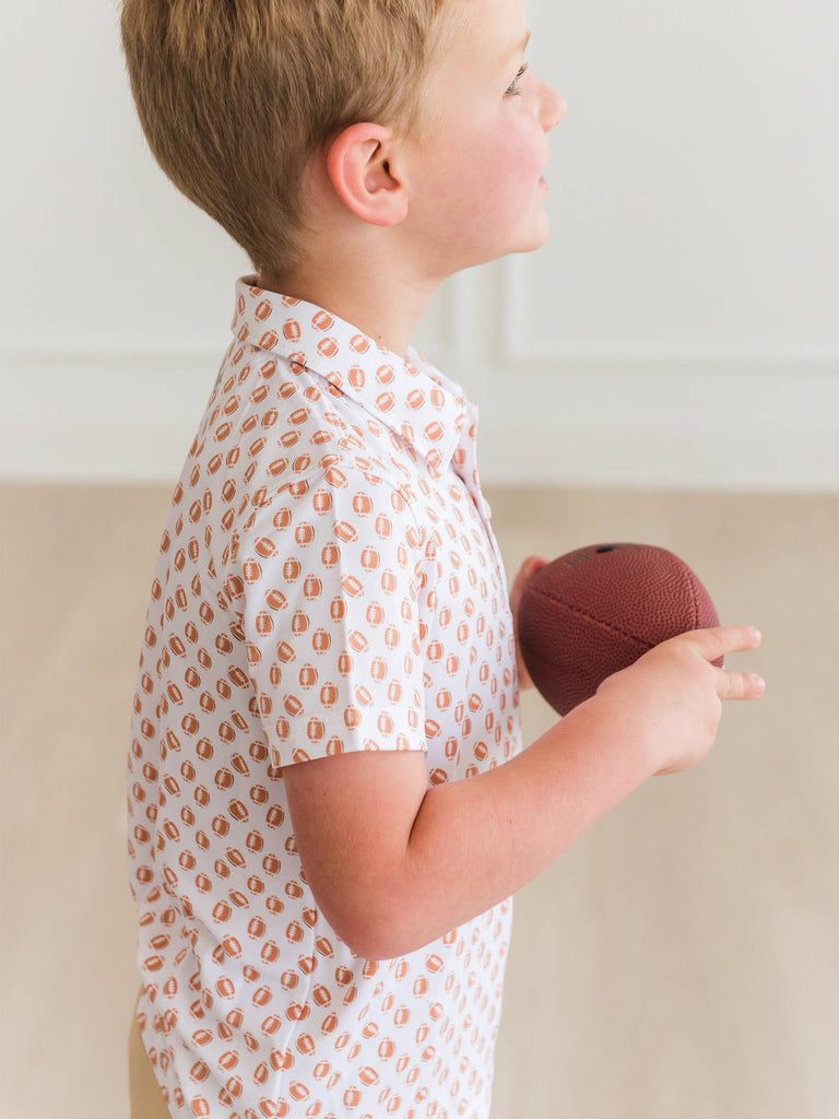 RuffleButts + RuggedButts - Boys Football Frenzy Knit Short Sleeve Performance Polo: White / 3-6m