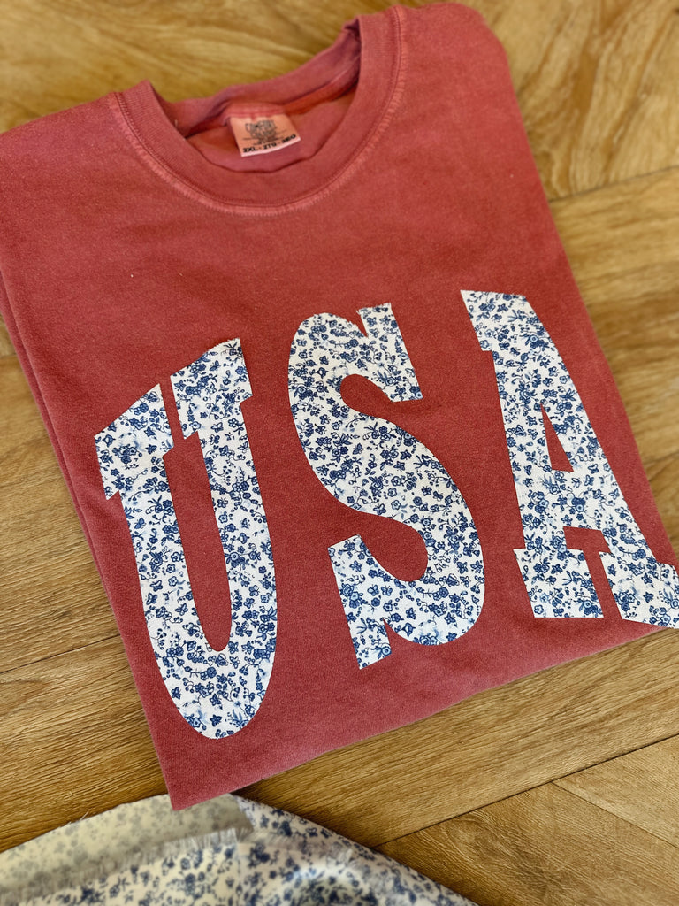 BLUE FLORAL USA - CRIMSON COMFORT COLORS TEE