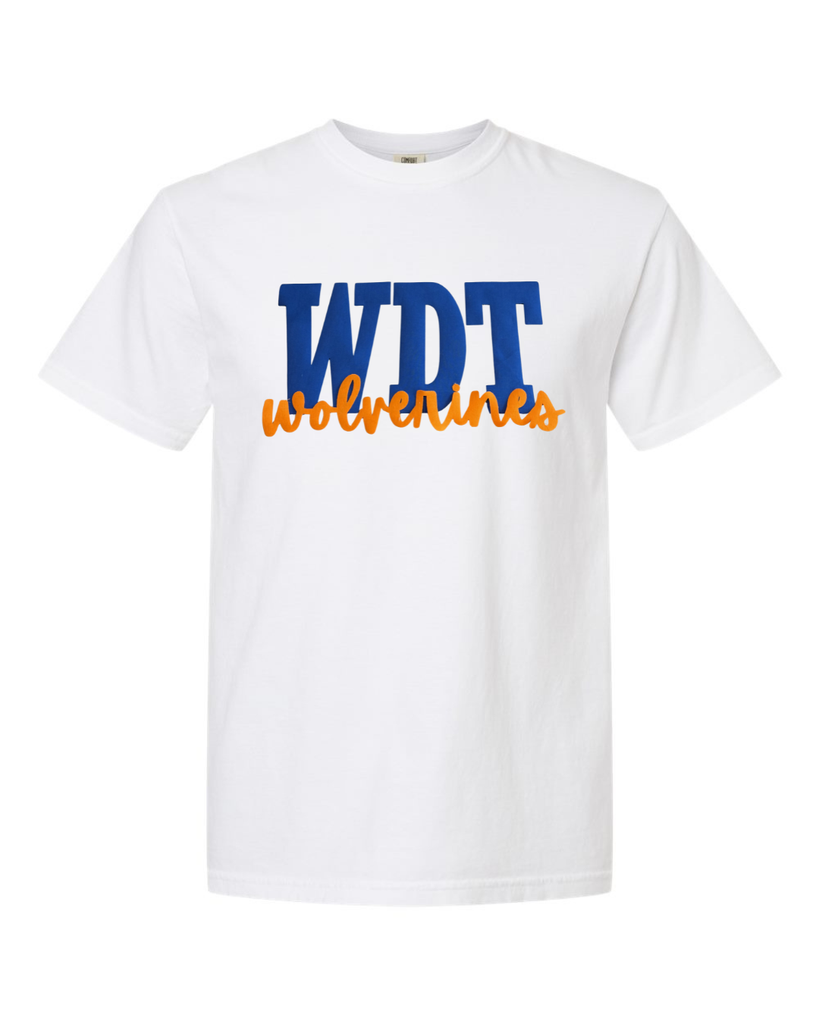 BLUE METALLIC WDT ORANGE WOLVERINES - WHITE COMFORT COLORS TEE
