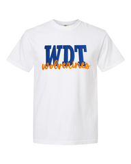 BLUE METALLIC WDT ORANGE WOLVERINES - WHITE COMFORT COLORS TEE