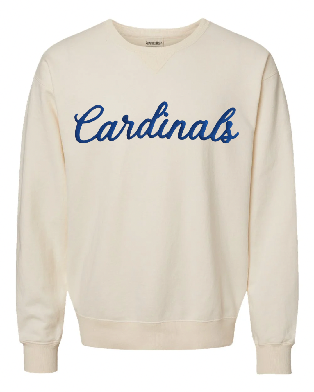 BLUE CURSIVE CARDINALS - IVORY COMFORTWASH CREW