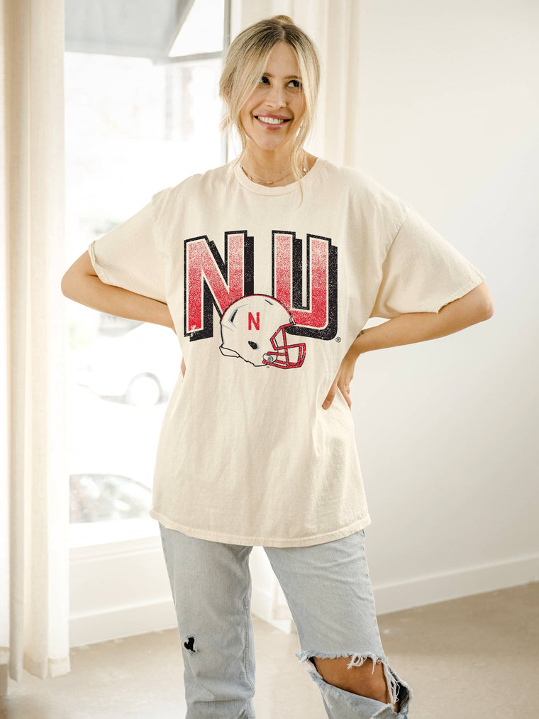 LivyLu - Nebraska Huskers Helmet Fade Off White Thrifted Tee: 2XL