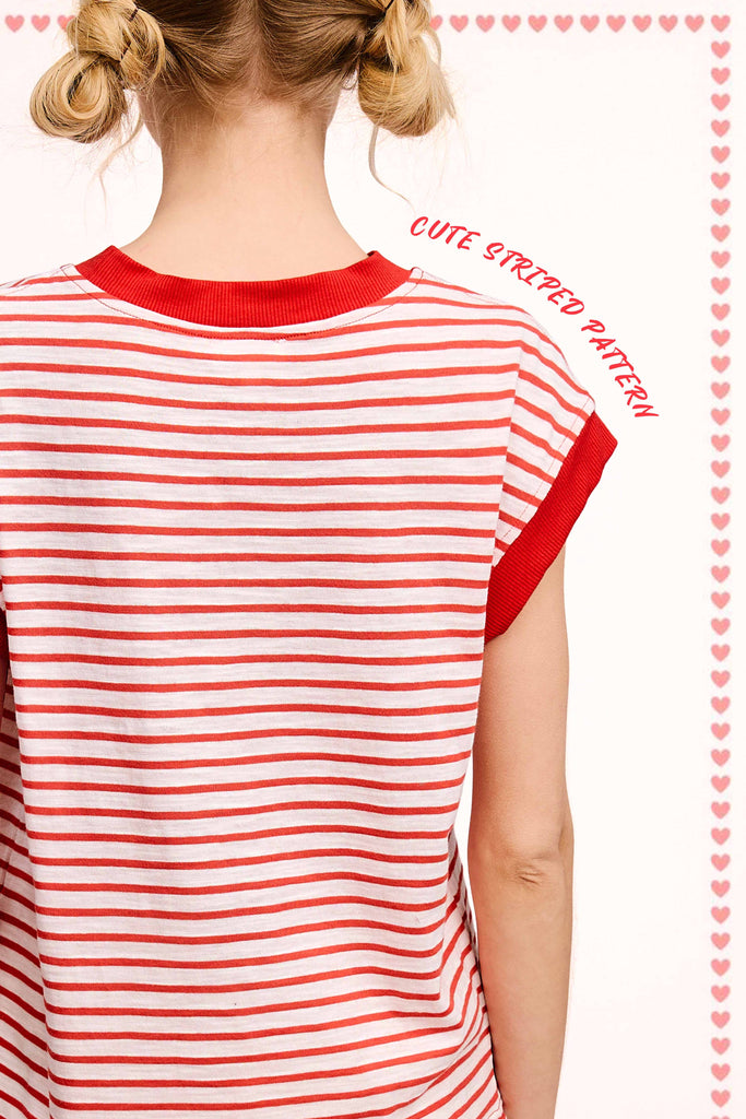 La Miel - JDT7710-Nautical Cap Sleeve Striped Top: Goji Berry / S