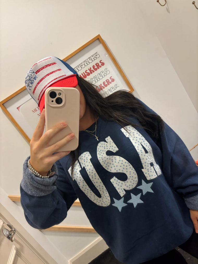DAINTY BLUE FLORAL USA w/ LIGHT BLUE STARS - NAVY COMFORTWASH CREWNECK
