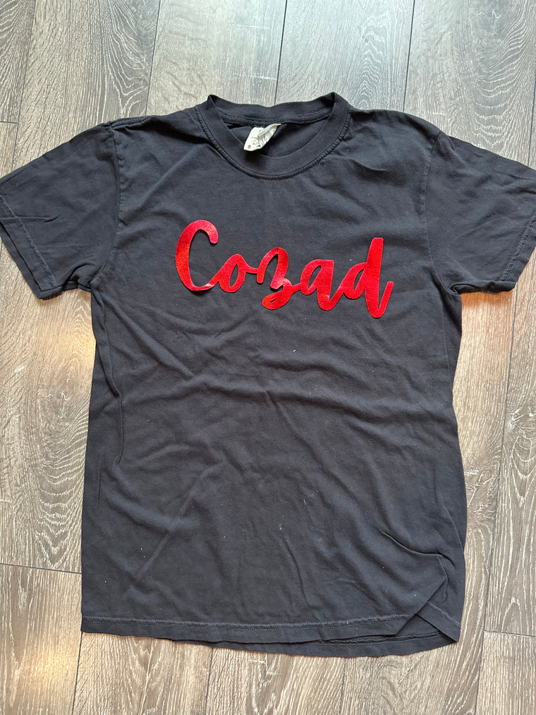 CURSIVE RED METALLIC COZAD - BLACK COMFORT COLORS TEE (YOUTH + ADULT)