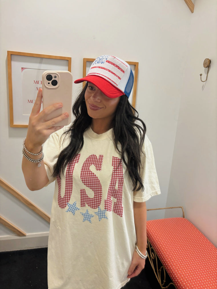 RED GINGHAM USA w/ BLUE GINGHAM STARS - IVORY COMFORT COLORS TEE