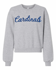 BLUE CURSIVE CARDINALS - GREY CROP CREW