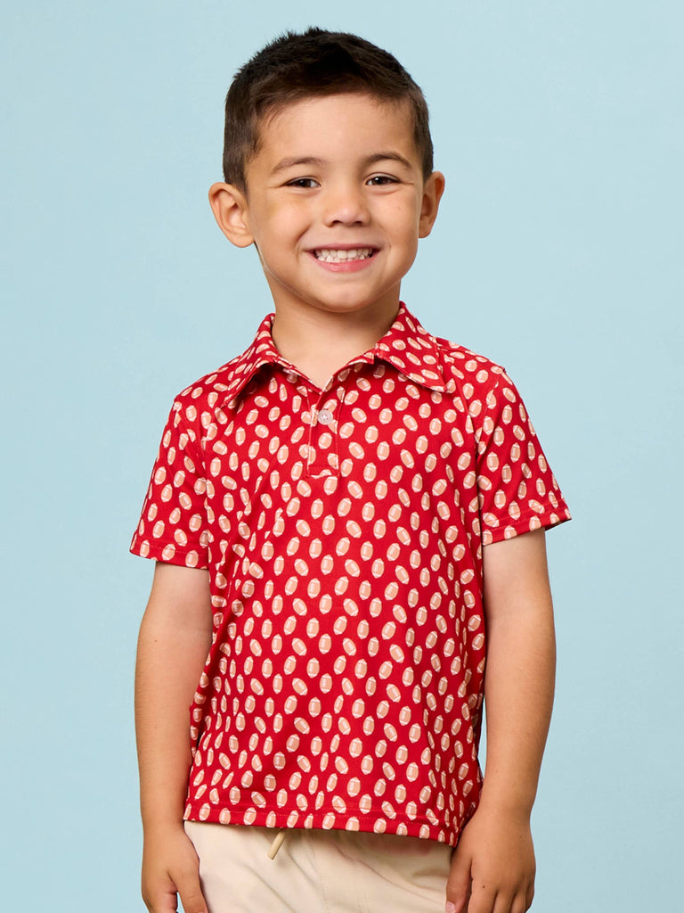 RuffleButts + RuggedButts - Boys Varsity Red Football Frenzy Knit Short Sleeve Performance Polo: Red / 10