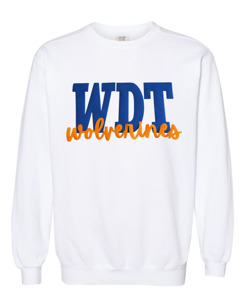 BLUE METALLIC WDT ORANGE WOLVERINES - WHITE COMFORT COLORS CREW