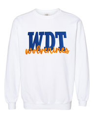 BLUE METALLIC WDT ORANGE WOLVERINES - WHITE COMFORT COLORS CREW
