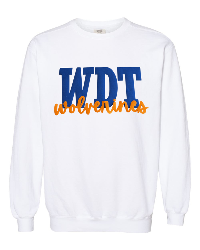 BLUE METALLIC WDT ORANGE WOLVERINES - WHITE COMFORT COLORS CREW