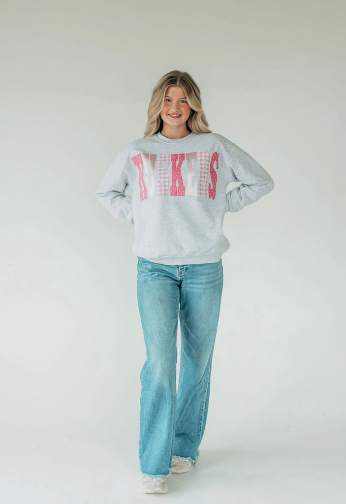 PINK PATCHWORK HUSKERS - ASH CREWNECK