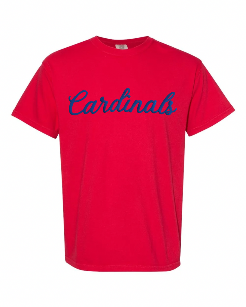 BLUE CURSIVE CARDINALS - RED TEE (YOUTH + ADULT)