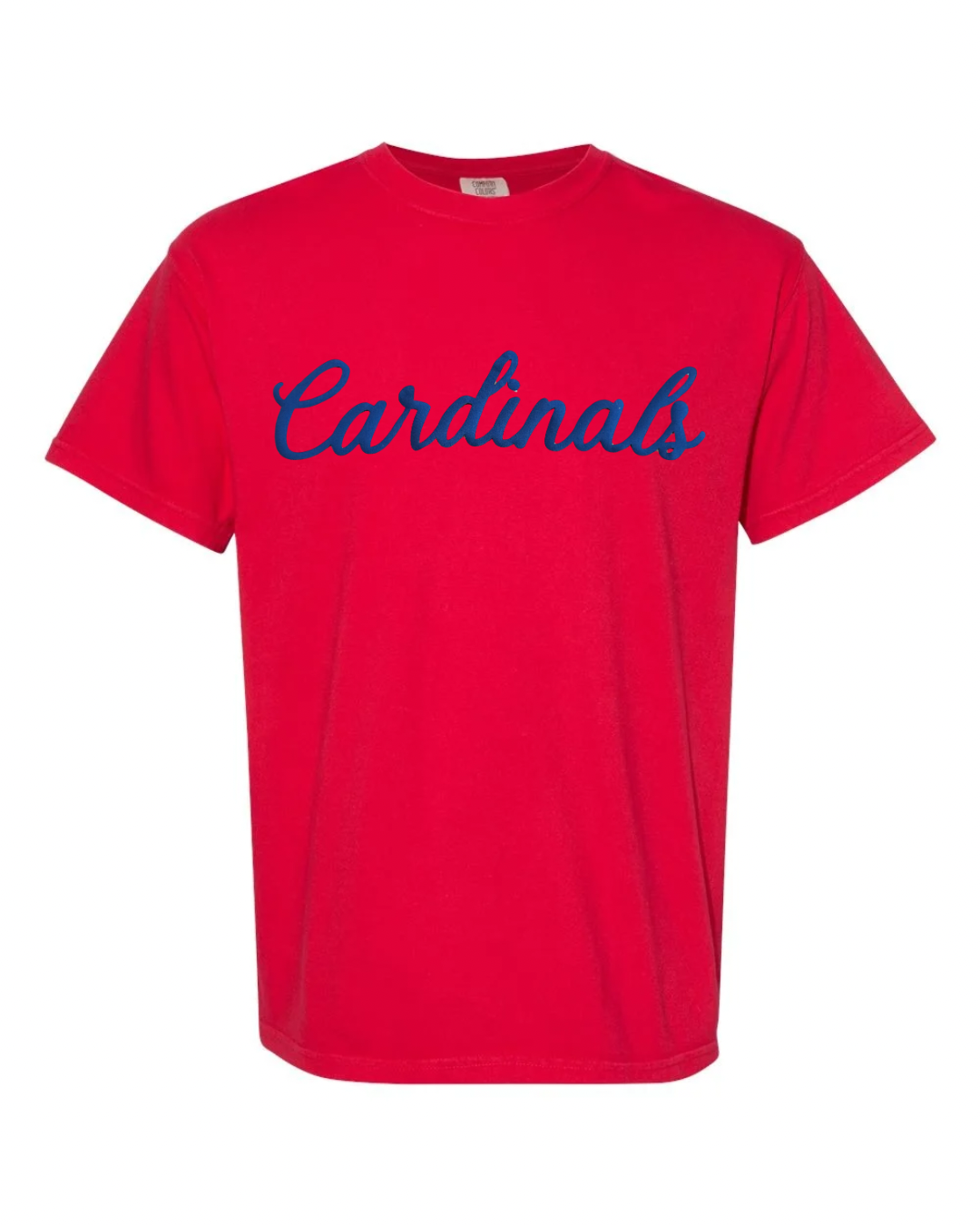 BLUE CURSIVE CARDINALS - RED TEE (YOUTH + ADULT)