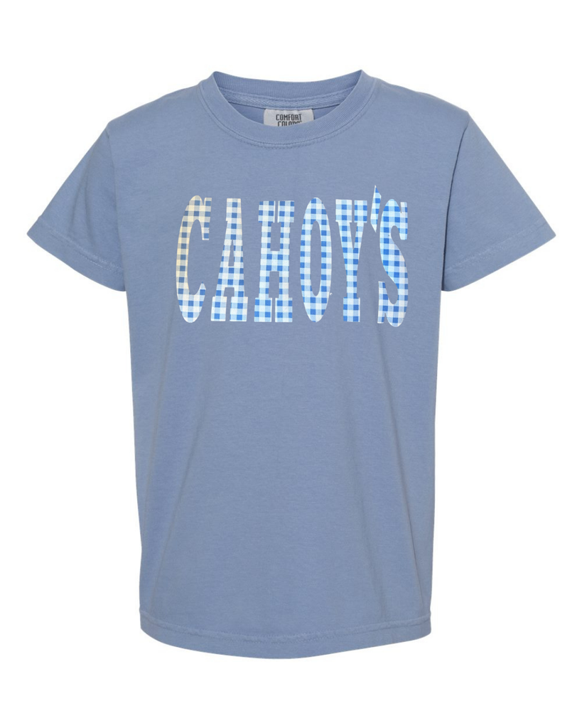 BLUE GINGHAM CAHOY'S - WASHED BLUE TEE (YOUTH + ADULT)