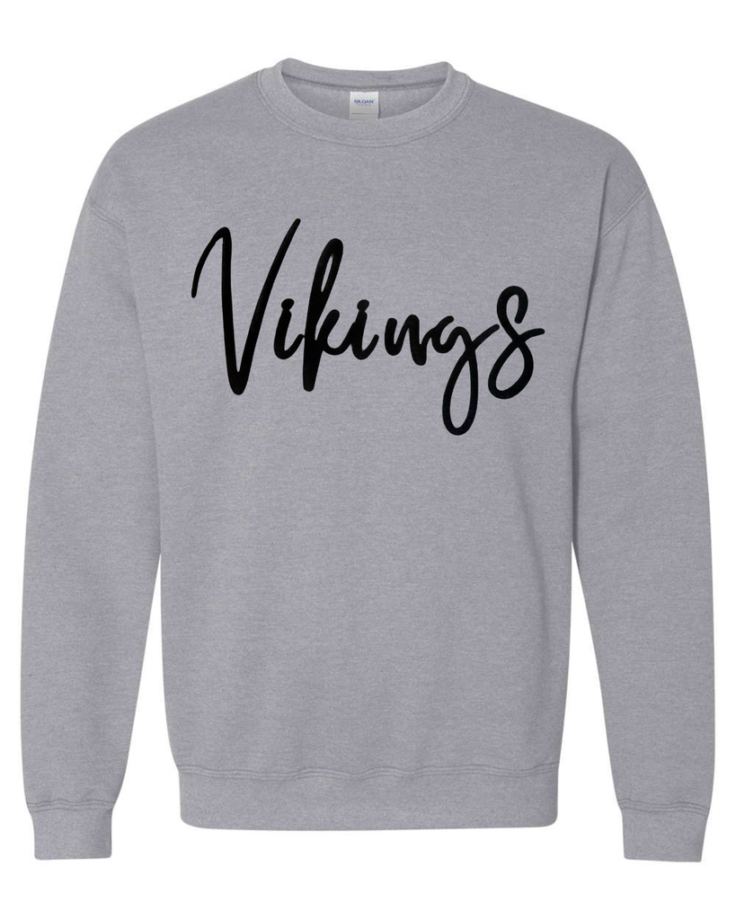 TALL CURSIVE BLACK VIKINGS - SPORT GREY GILDAN CREW