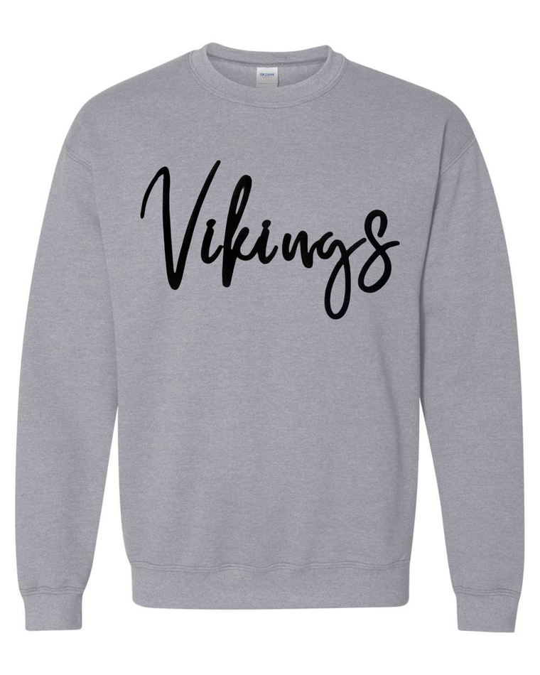 TALL CURSIVE BLACK VIKINGS - SPORT GREY GILDAN CREW
