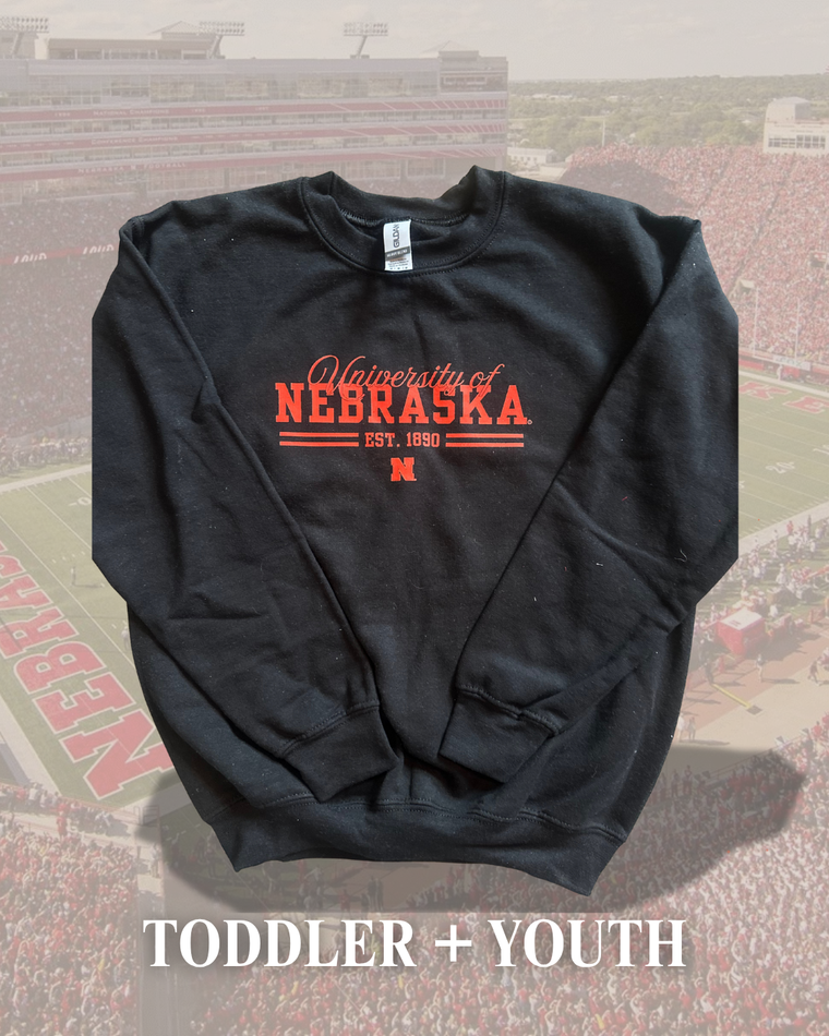 UNIVERSITY OF NEBRASKA TRANSFER DESIGN - BLACK CREWNECK (TODDLER + YOUTH)