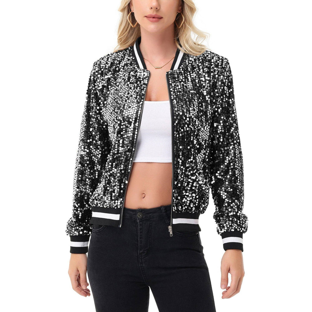 Anna Kaci Wholesale - Game Day Sequin Bomber Jacket with Ribbed Trim and Front Zip: Red / Large 12-14