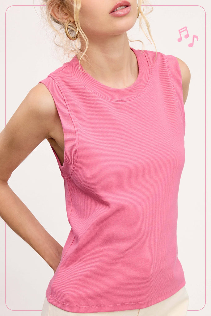 La Miel - HUT7340-Basic Ribbed Sleeveless Crew Mock Neck Tank Top: Onyx / L