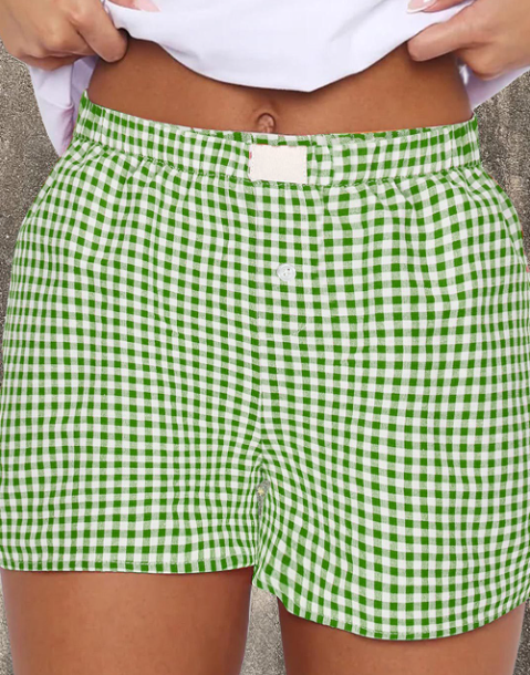 Lovesoft - Red Plaid Gingham Printed High Waist Shorts: Red Stripe / 100%Polyester / M