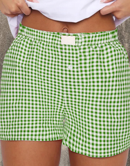 Lovesoft - Red Plaid Gingham Printed High Waist Shorts: Red Stripe / 100%Polyester / M