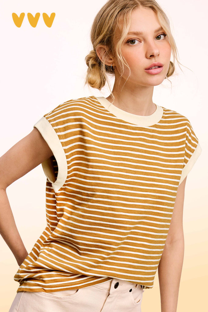 La Miel - JDT7710-Nautical Cap Sleeve Striped Top: Goji Berry / M