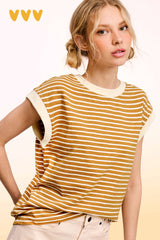La Miel - JDT7710-Nautical Cap Sleeve Striped Top: Goji Berry / M