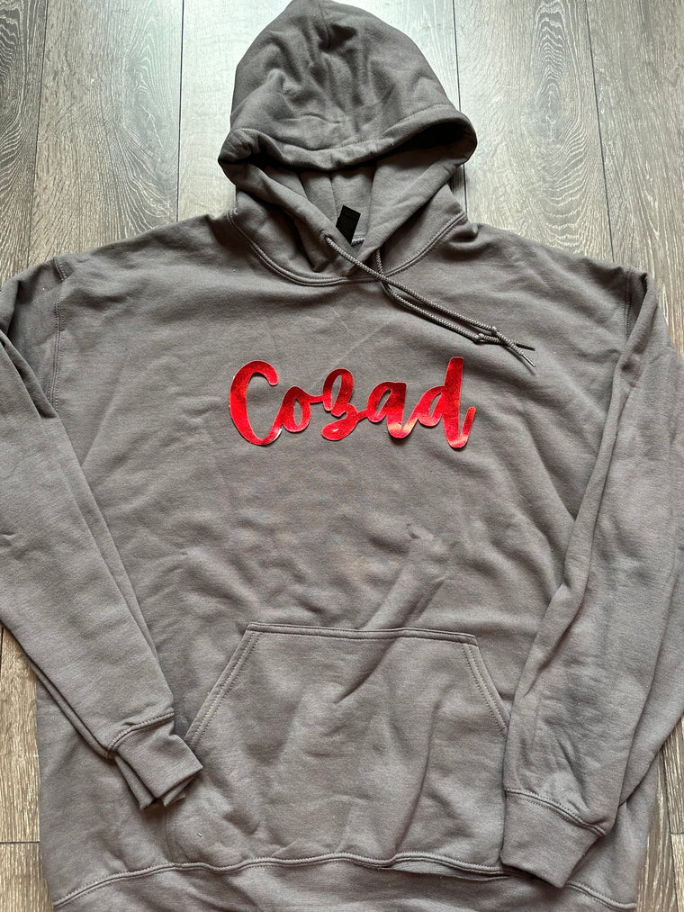 CURSIVE RED METALLIC COZAD - CHARCOAL HOODIE (YOUTH + ADULT)