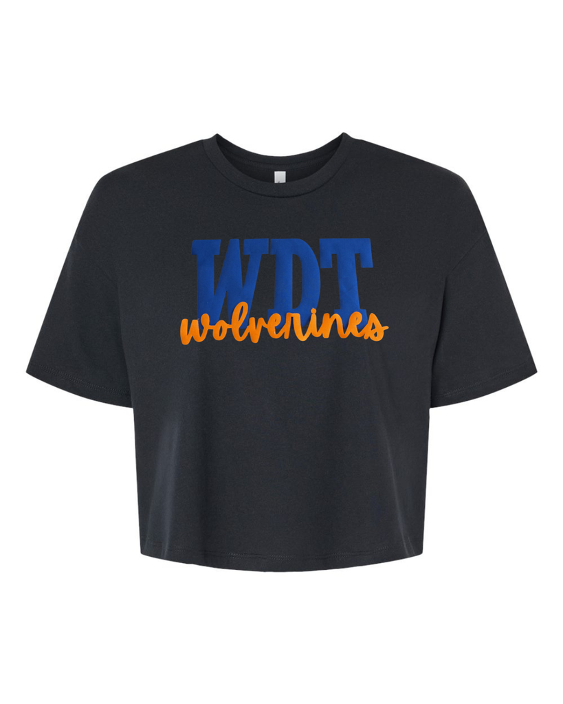 BLUE METALLIC WDT ORANGE WOLVERINES - BLACK CROP TEE