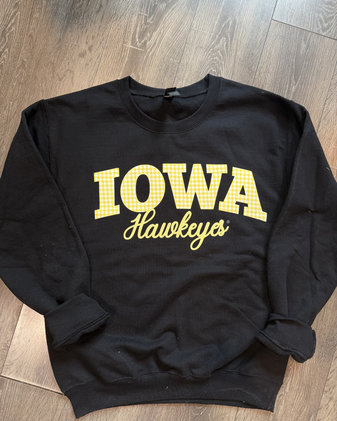 YELLOW GINGHAM IOWA EMBROIDERED HAWKEYES - BLACK CREWNECK