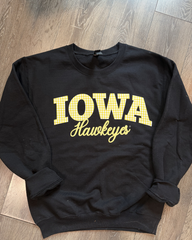YELLOW GINGHAM IOWA EMBROIDERED HAWKEYES - BLACK CREWNECK