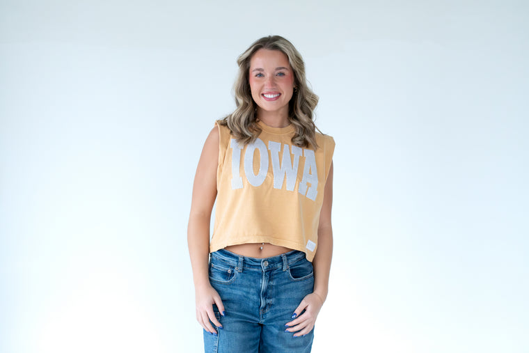 BLACK + WHITE POLKA DOT IOWA - MUSTARD MUSCLE TEE